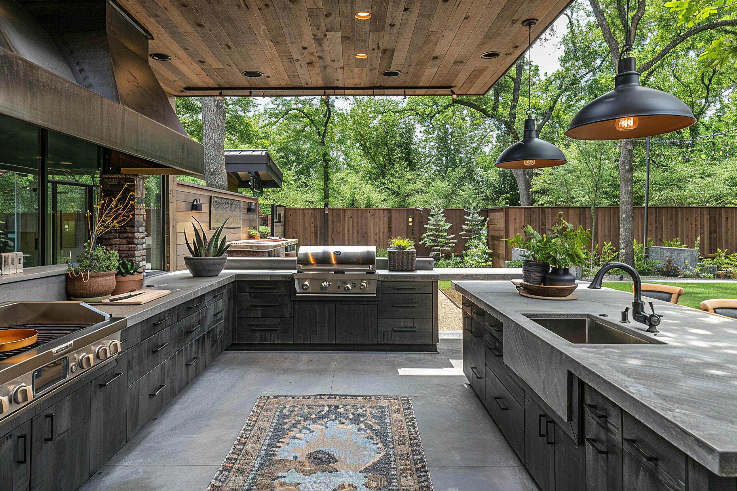 Industrial chic outdoor kitchen with concrete countertops and metal accents Industrial chic outdoor kitchen with concrete countertops and metal accents
